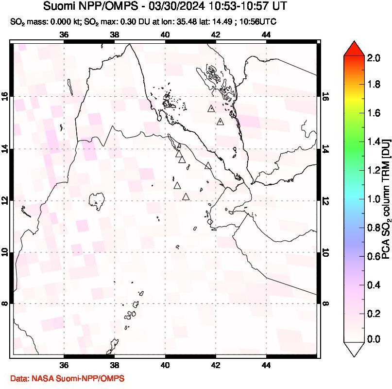 A sulfur dioxide image over Afar and southern Red Sea on Mar 30, 2024.