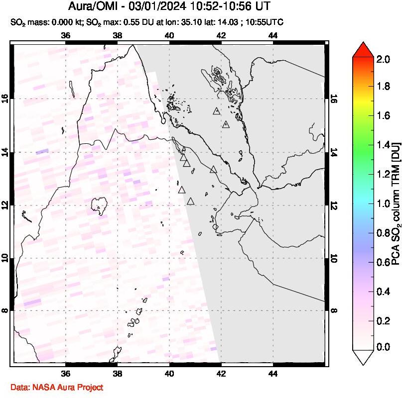 A sulfur dioxide image over Afar and southern Red Sea on Mar 01, 2024.