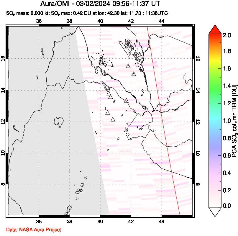 A sulfur dioxide image over Afar and southern Red Sea on Mar 02, 2024.