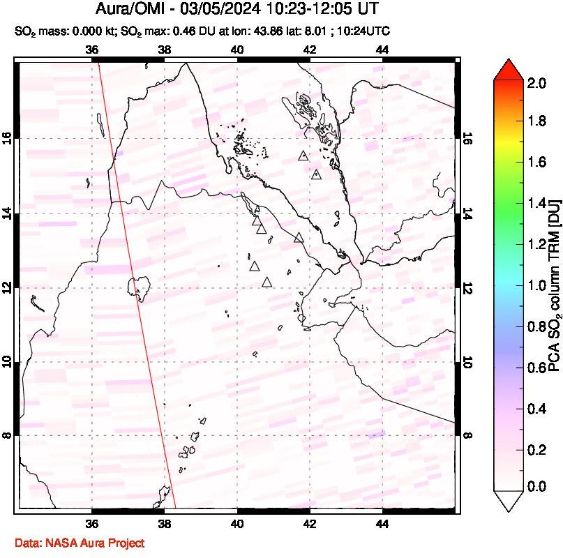 A sulfur dioxide image over Afar and southern Red Sea on Mar 05, 2024.