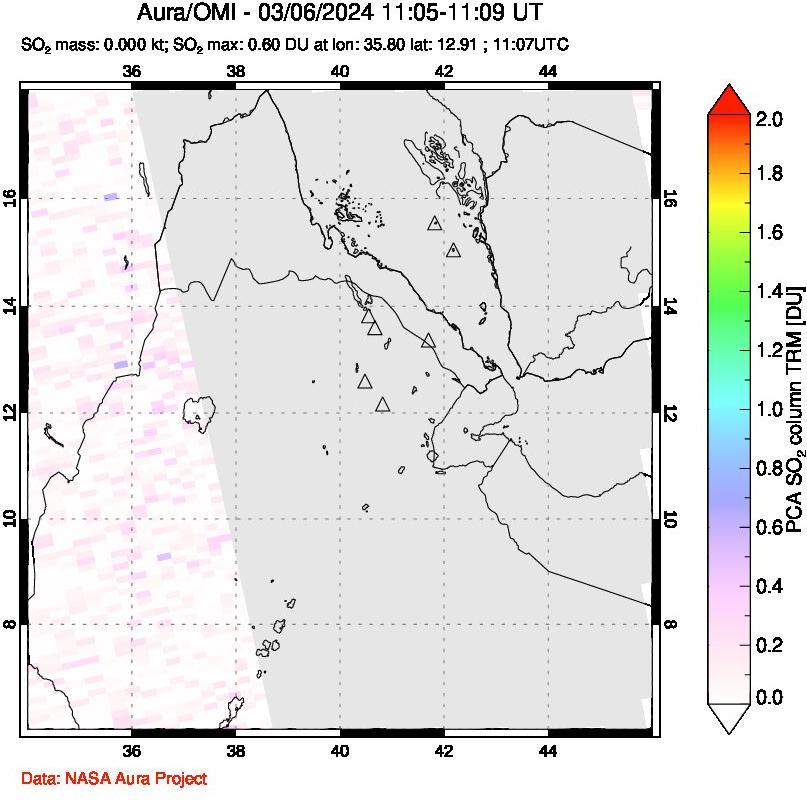 A sulfur dioxide image over Afar and southern Red Sea on Mar 06, 2024.