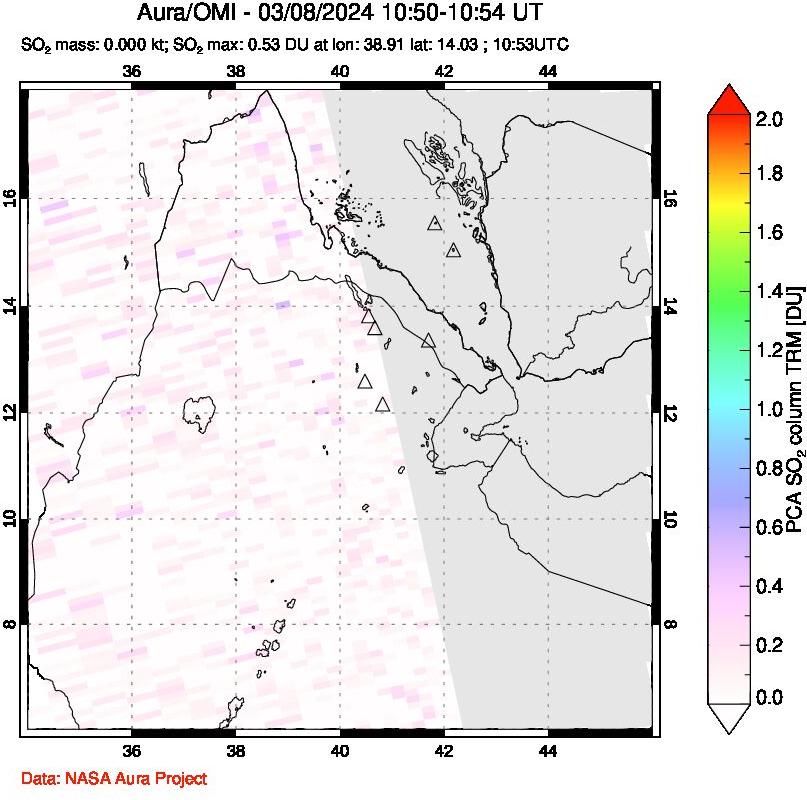 A sulfur dioxide image over Afar and southern Red Sea on Mar 08, 2024.