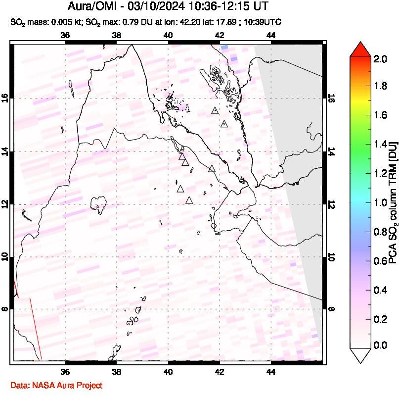 A sulfur dioxide image over Afar and southern Red Sea on Mar 10, 2024.