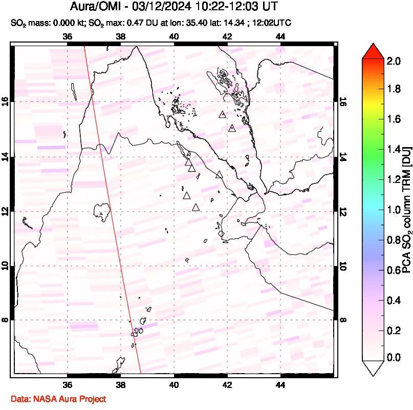 A sulfur dioxide image over Afar and southern Red Sea on Mar 12, 2024.