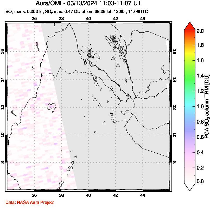 A sulfur dioxide image over Afar and southern Red Sea on Mar 13, 2024.