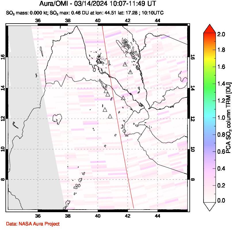 A sulfur dioxide image over Afar and southern Red Sea on Mar 14, 2024.