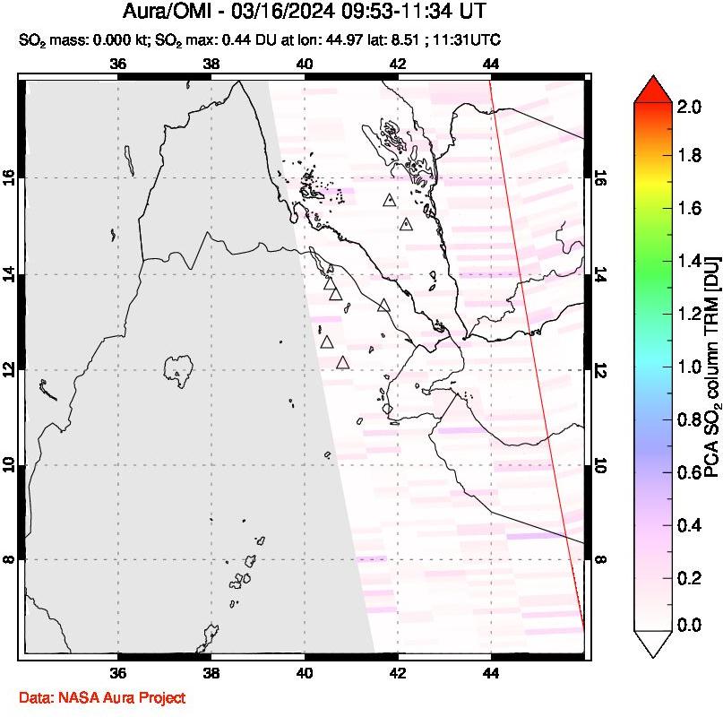 A sulfur dioxide image over Afar and southern Red Sea on Mar 16, 2024.