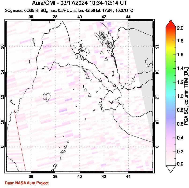 A sulfur dioxide image over Afar and southern Red Sea on Mar 17, 2024.