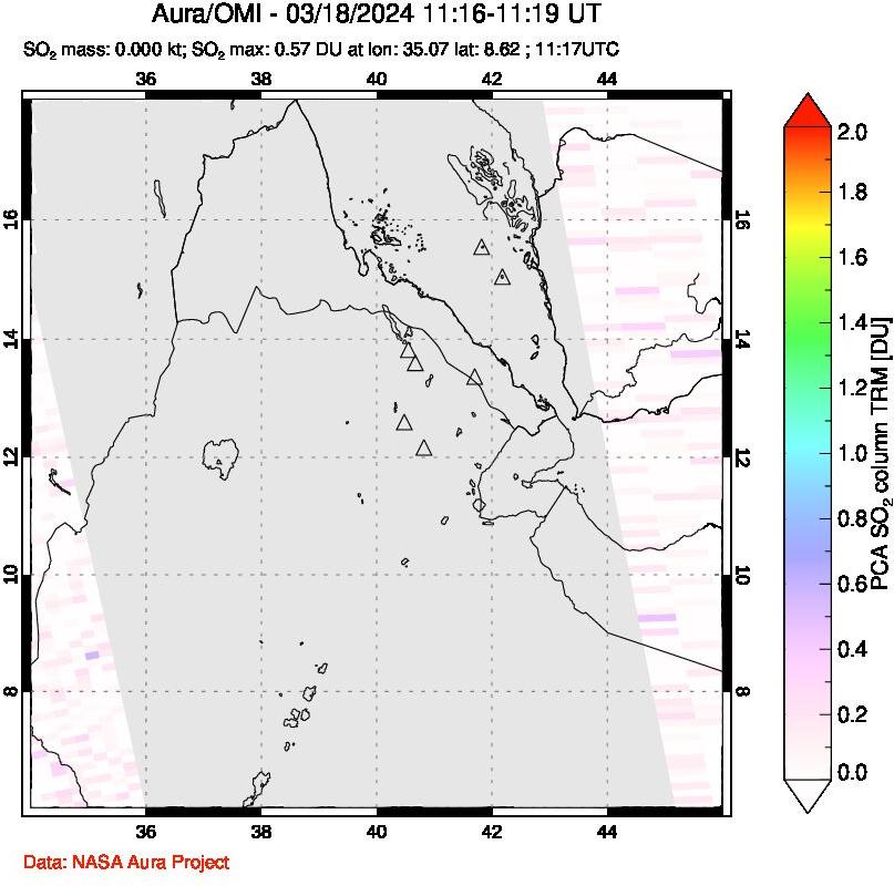 A sulfur dioxide image over Afar and southern Red Sea on Mar 18, 2024.