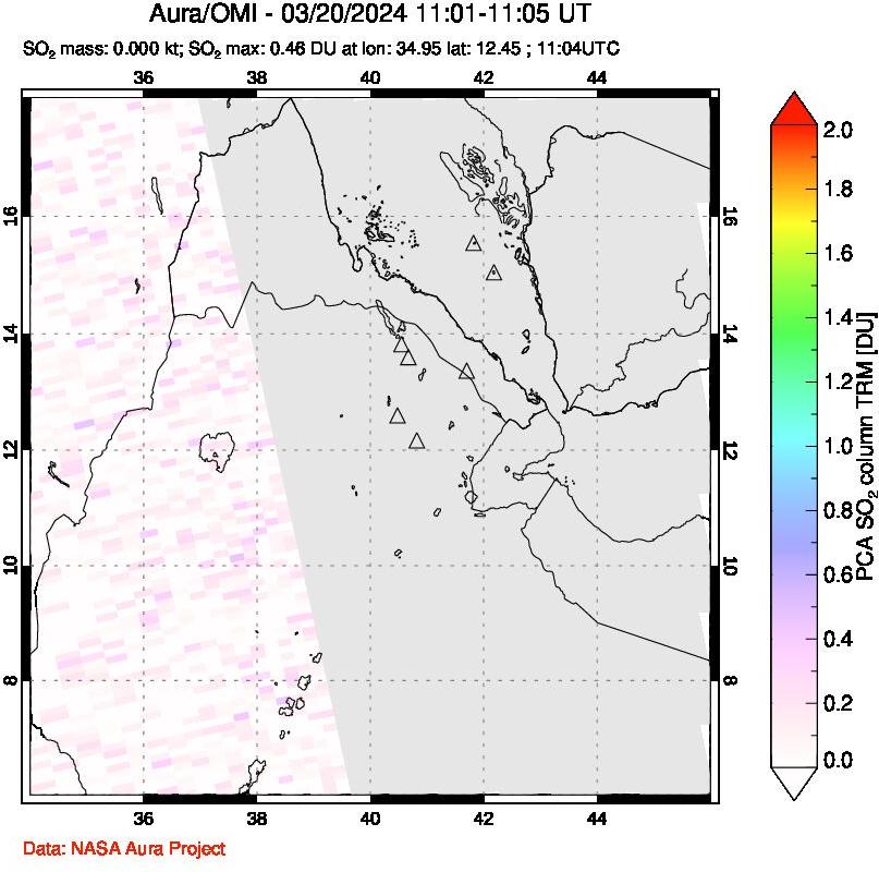 A sulfur dioxide image over Afar and southern Red Sea on Mar 20, 2024.