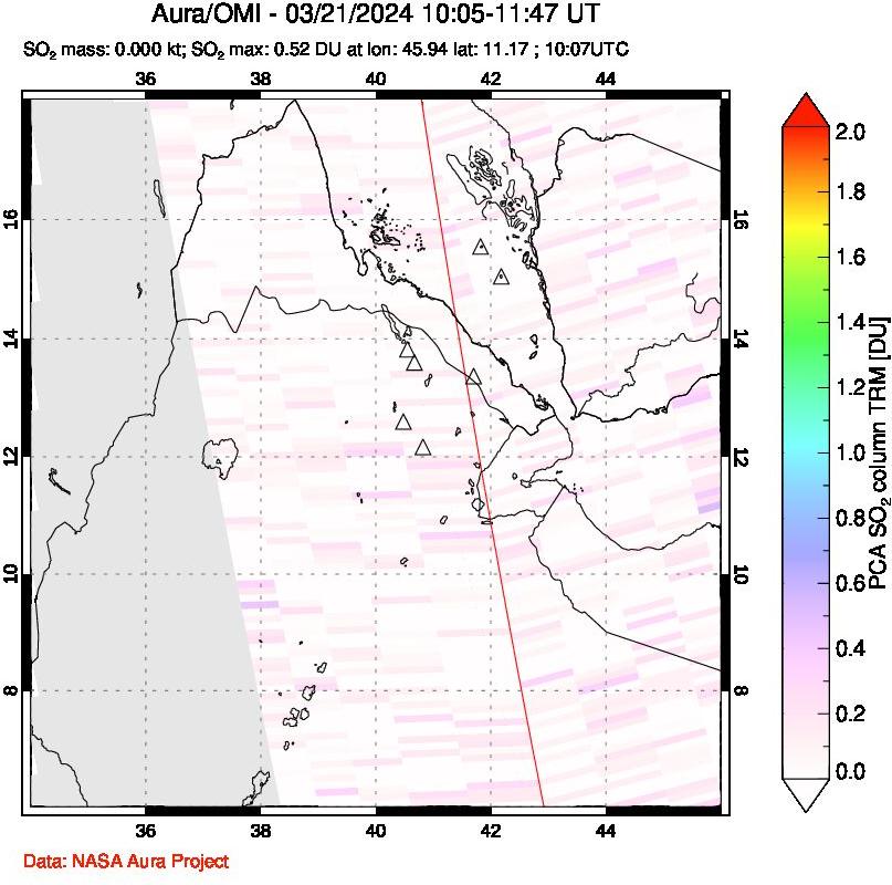 A sulfur dioxide image over Afar and southern Red Sea on Mar 21, 2024.