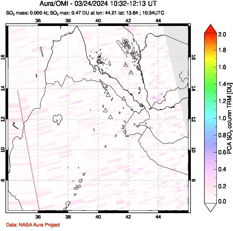 A sulfur dioxide image over Afar and southern Red Sea on Mar 24, 2024.