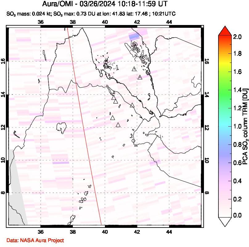 A sulfur dioxide image over Afar and southern Red Sea on Mar 26, 2024.