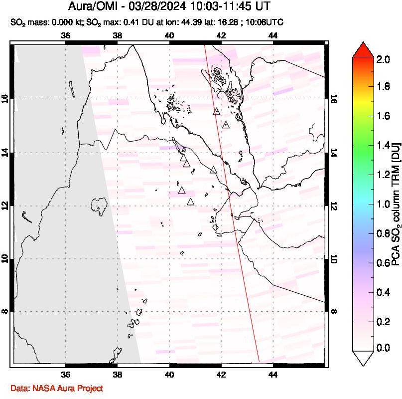 A sulfur dioxide image over Afar and southern Red Sea on Mar 28, 2024.