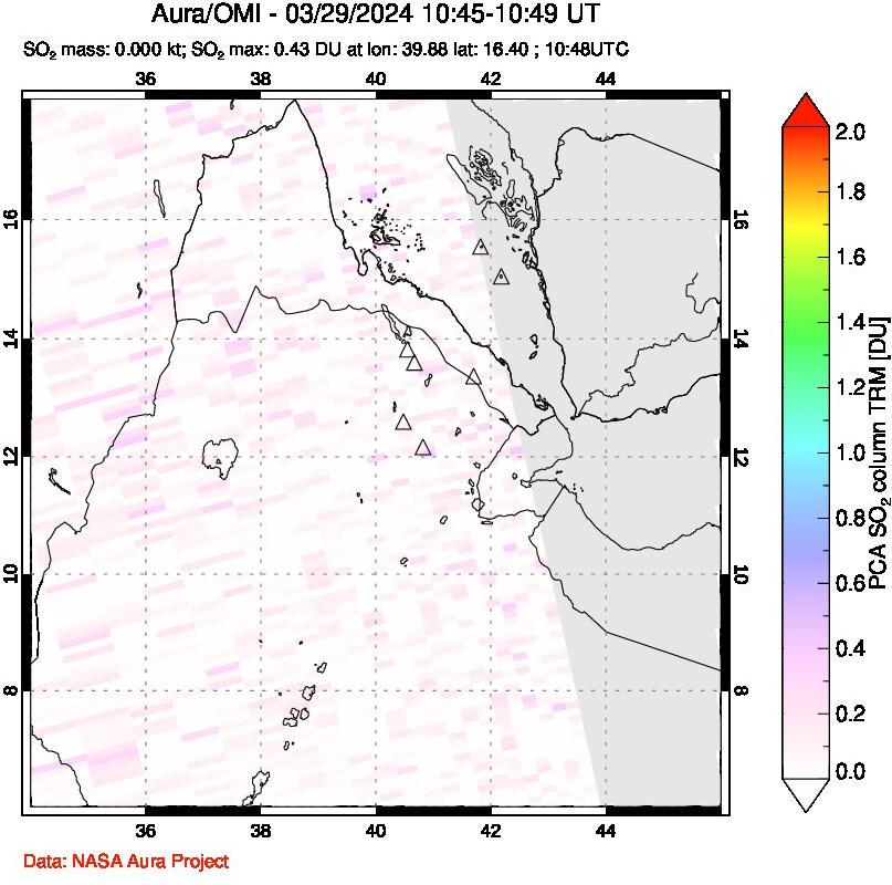 A sulfur dioxide image over Afar and southern Red Sea on Mar 29, 2024.