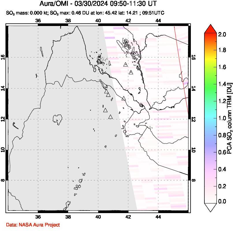 A sulfur dioxide image over Afar and southern Red Sea on Mar 30, 2024.