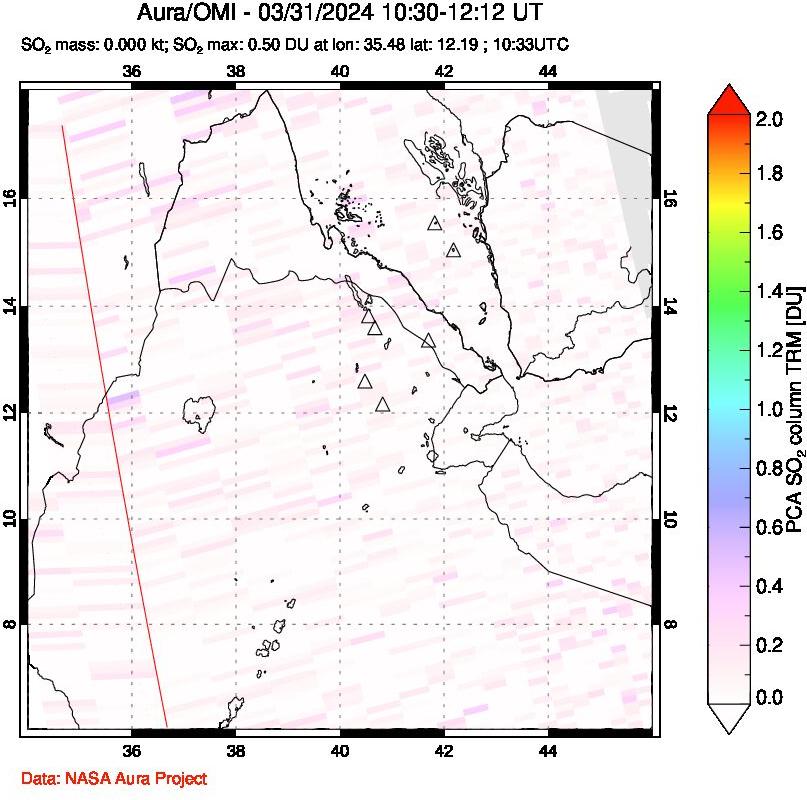 A sulfur dioxide image over Afar and southern Red Sea on Mar 31, 2024.