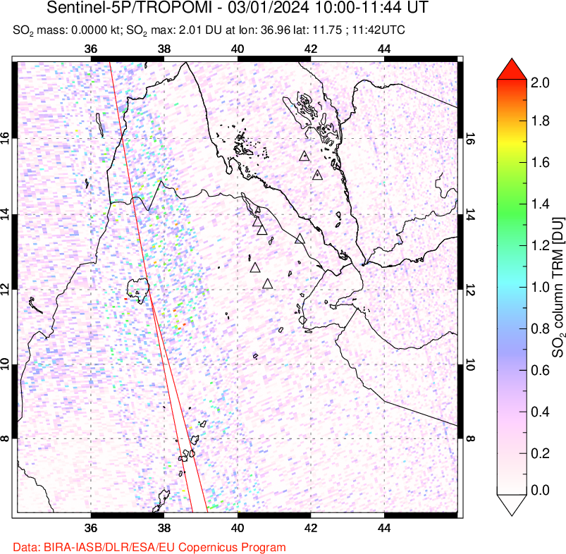 A sulfur dioxide image over Afar and southern Red Sea on Mar 01, 2024.