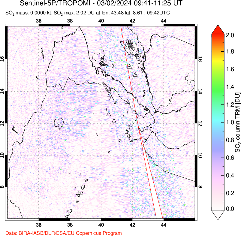 A sulfur dioxide image over Afar and southern Red Sea on Mar 02, 2024.