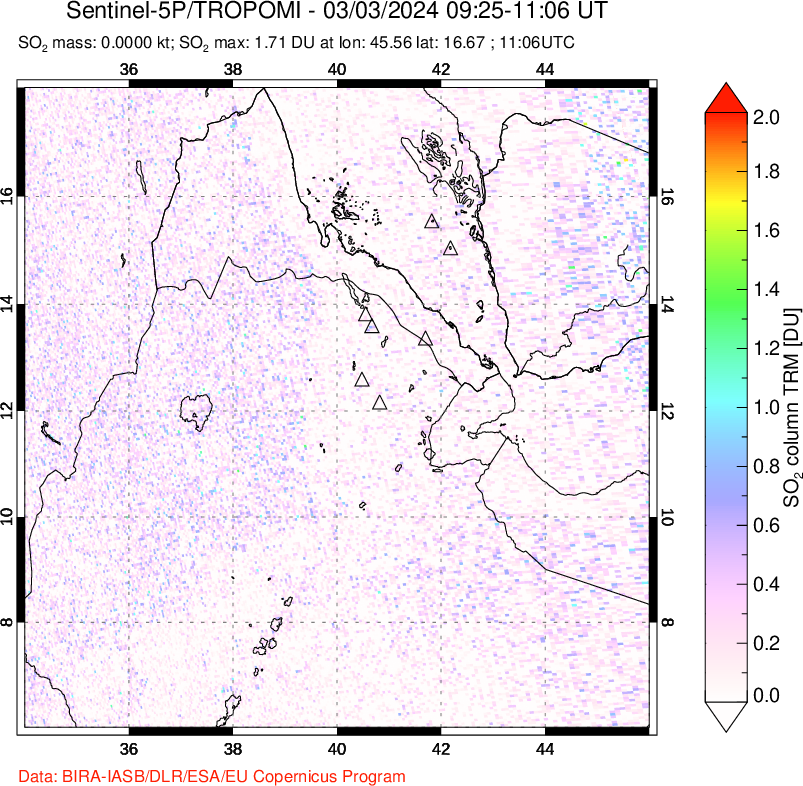 A sulfur dioxide image over Afar and southern Red Sea on Mar 03, 2024.