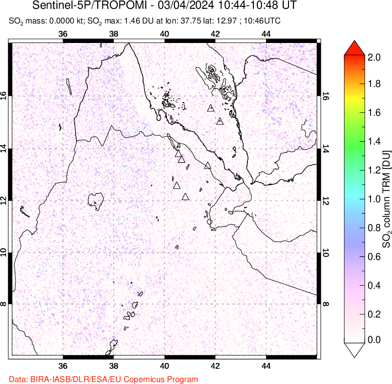 A sulfur dioxide image over Afar and southern Red Sea on Mar 04, 2024.