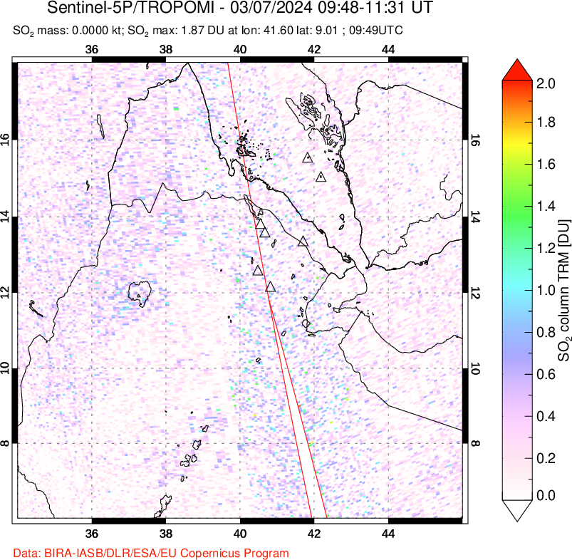 A sulfur dioxide image over Afar and southern Red Sea on Mar 07, 2024.