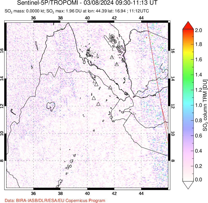 A sulfur dioxide image over Afar and southern Red Sea on Mar 08, 2024.