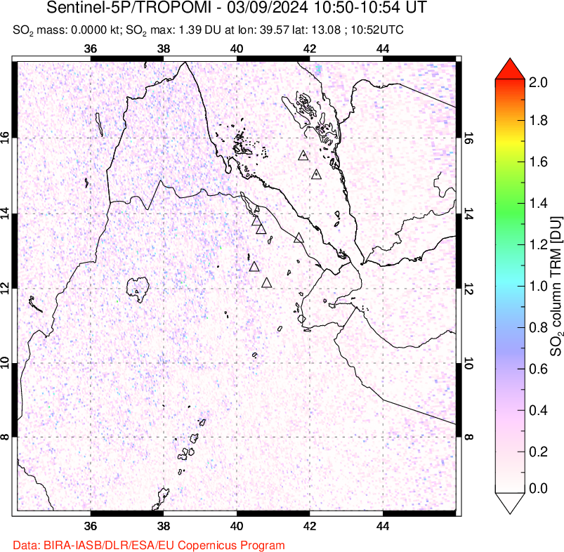 A sulfur dioxide image over Afar and southern Red Sea on Mar 09, 2024.