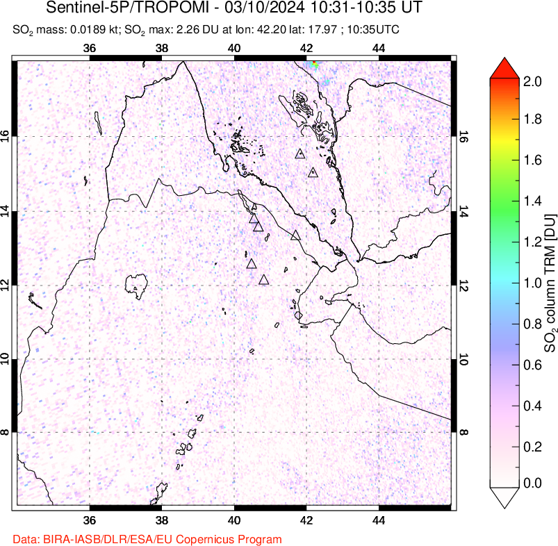 A sulfur dioxide image over Afar and southern Red Sea on Mar 10, 2024.