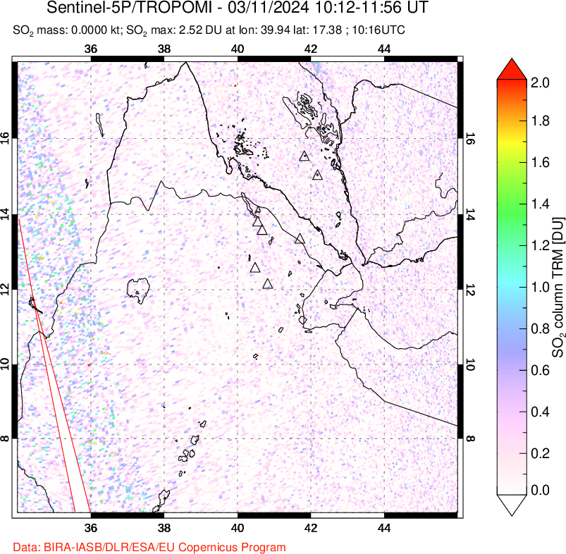 A sulfur dioxide image over Afar and southern Red Sea on Mar 11, 2024.