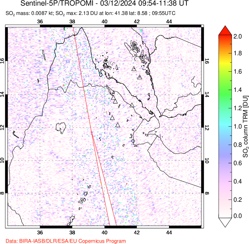 A sulfur dioxide image over Afar and southern Red Sea on Mar 12, 2024.