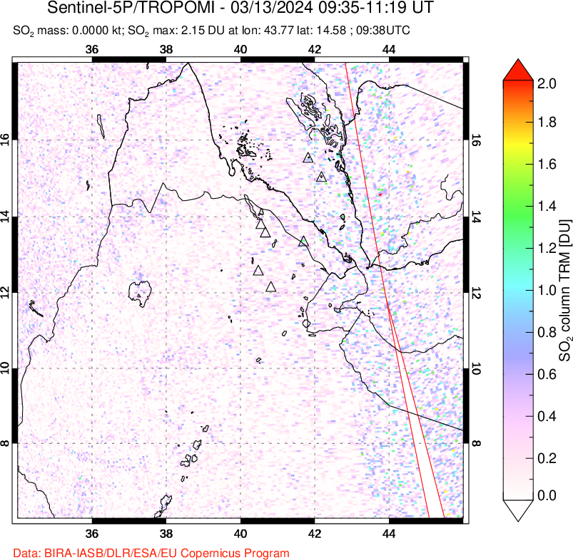 A sulfur dioxide image over Afar and southern Red Sea on Mar 13, 2024.