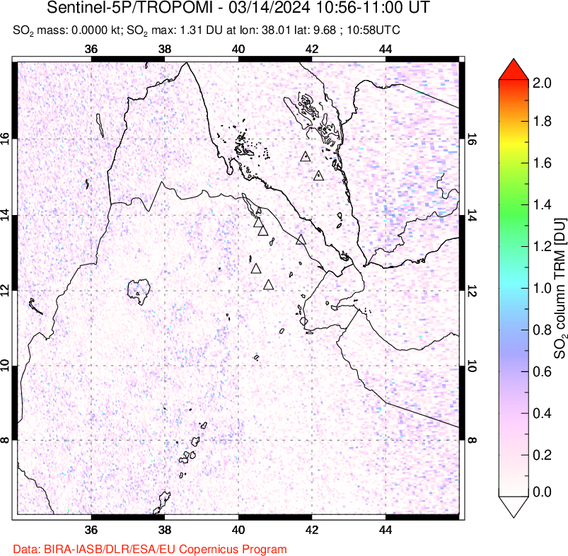 A sulfur dioxide image over Afar and southern Red Sea on Mar 14, 2024.