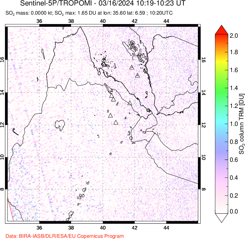 A sulfur dioxide image over Afar and southern Red Sea on Mar 16, 2024.