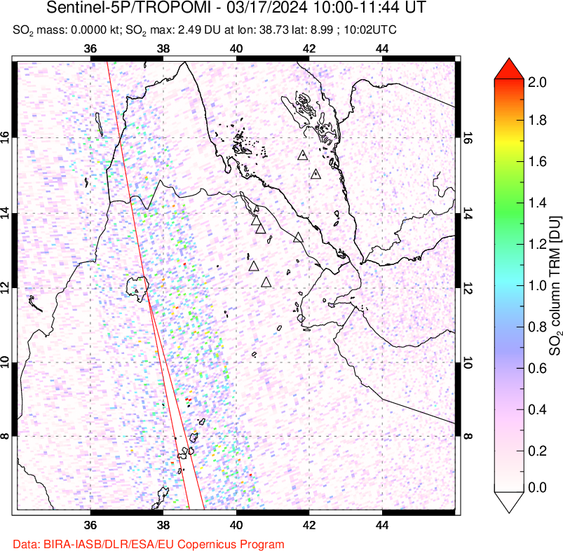 A sulfur dioxide image over Afar and southern Red Sea on Mar 17, 2024.