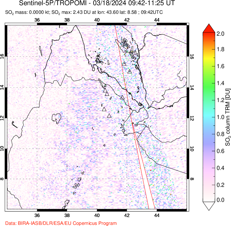 A sulfur dioxide image over Afar and southern Red Sea on Mar 18, 2024.