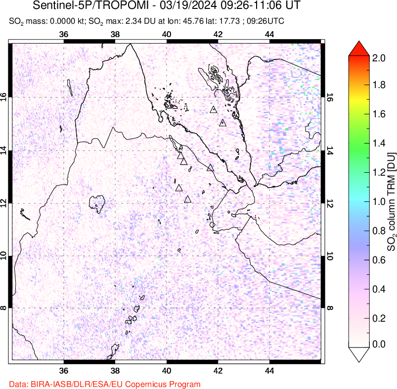 A sulfur dioxide image over Afar and southern Red Sea on Mar 19, 2024.