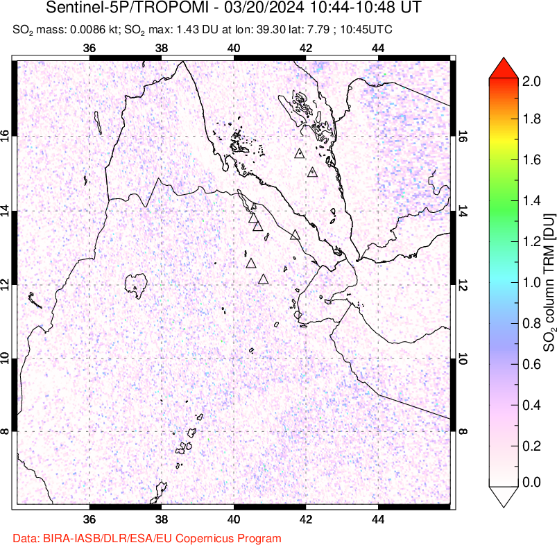 A sulfur dioxide image over Afar and southern Red Sea on Mar 20, 2024.