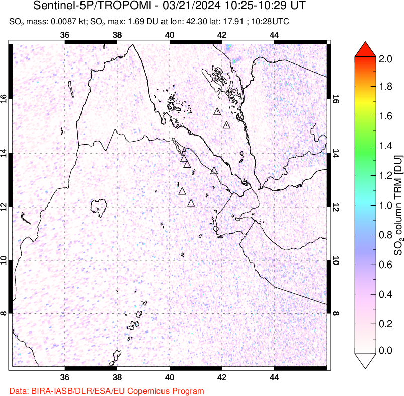 A sulfur dioxide image over Afar and southern Red Sea on Mar 21, 2024.