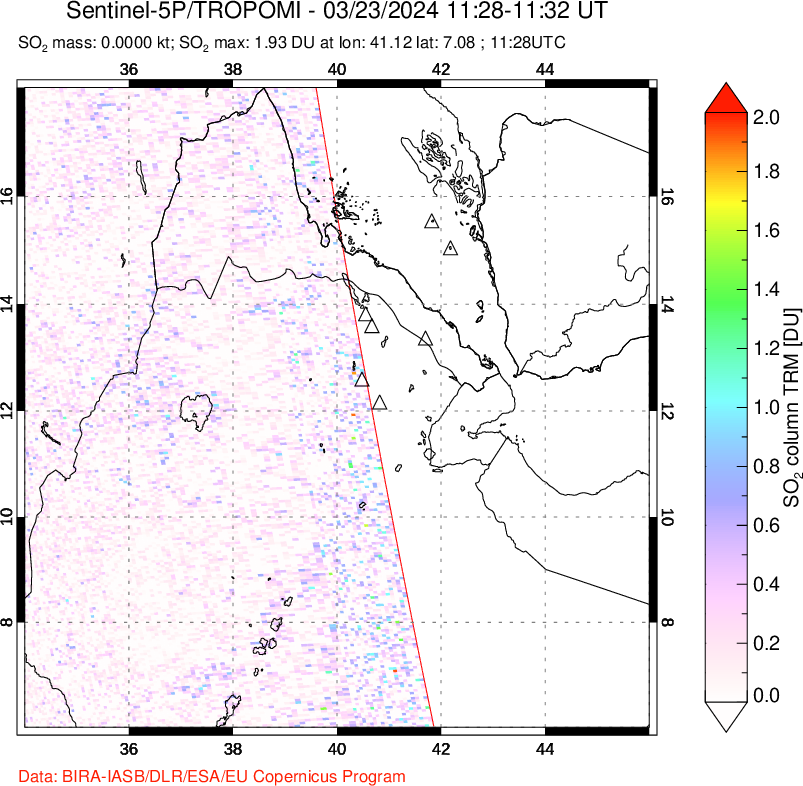 A sulfur dioxide image over Afar and southern Red Sea on Mar 23, 2024.