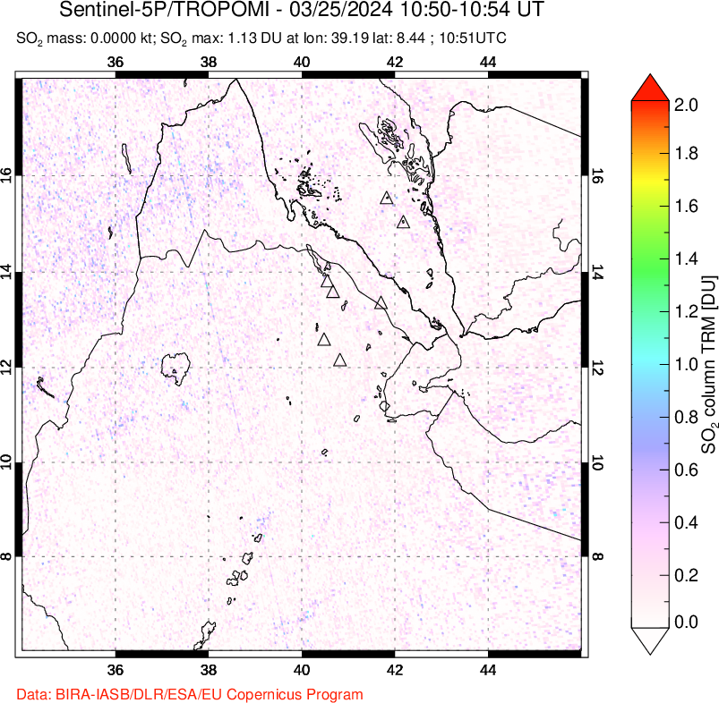 A sulfur dioxide image over Afar and southern Red Sea on Mar 25, 2024.