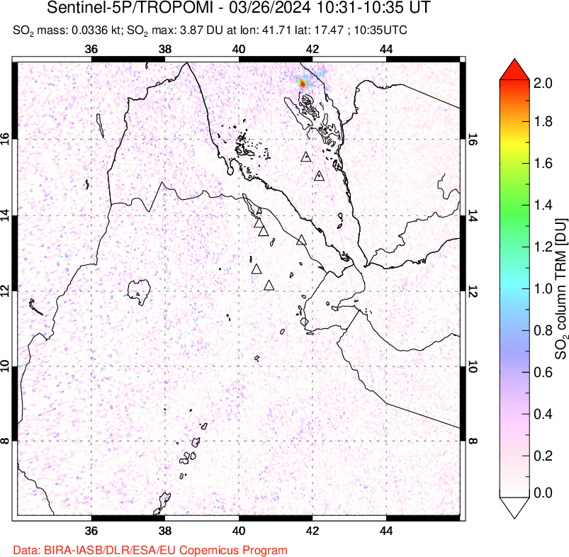 A sulfur dioxide image over Afar and southern Red Sea on Mar 26, 2024.