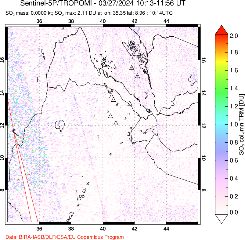 A sulfur dioxide image over Afar and southern Red Sea on Mar 27, 2024.