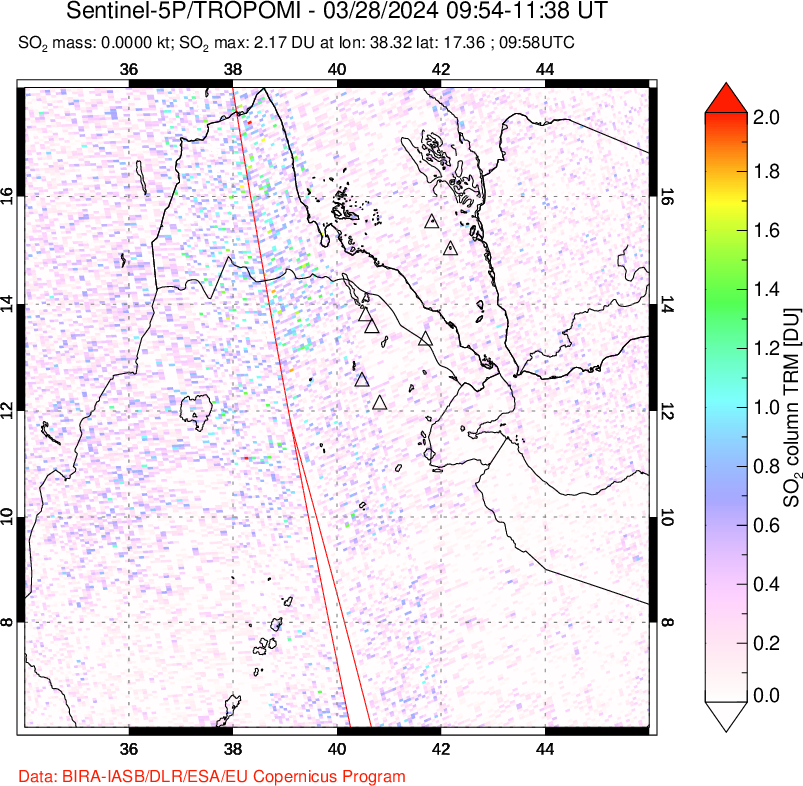 A sulfur dioxide image over Afar and southern Red Sea on Mar 28, 2024.