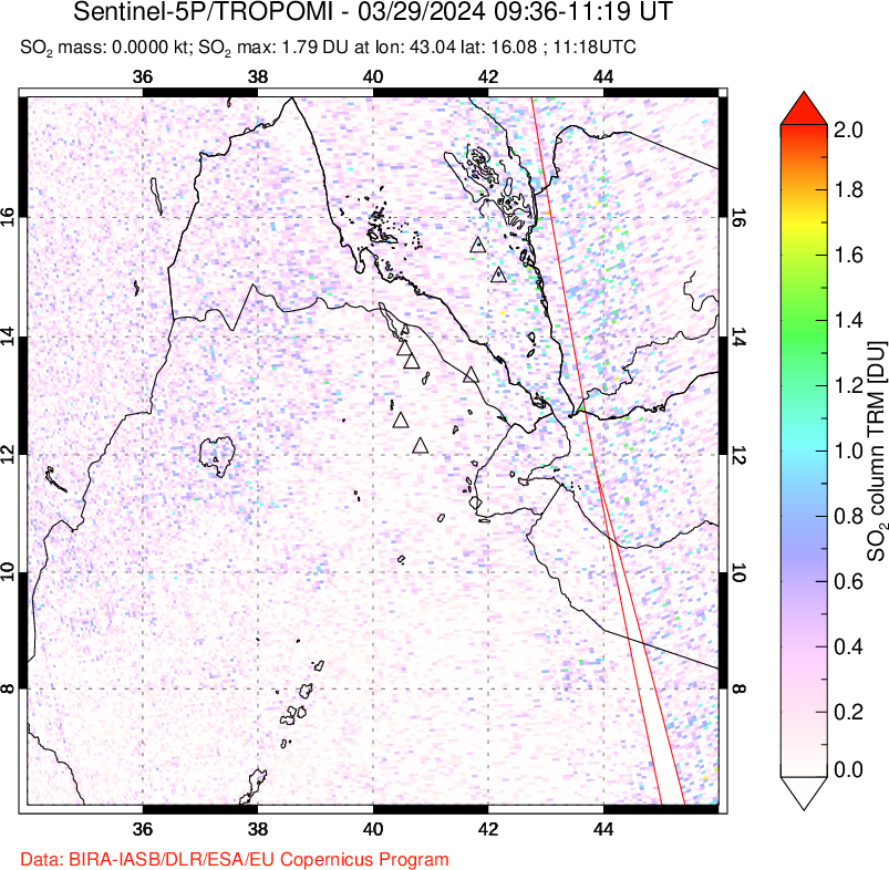 A sulfur dioxide image over Afar and southern Red Sea on Mar 29, 2024.