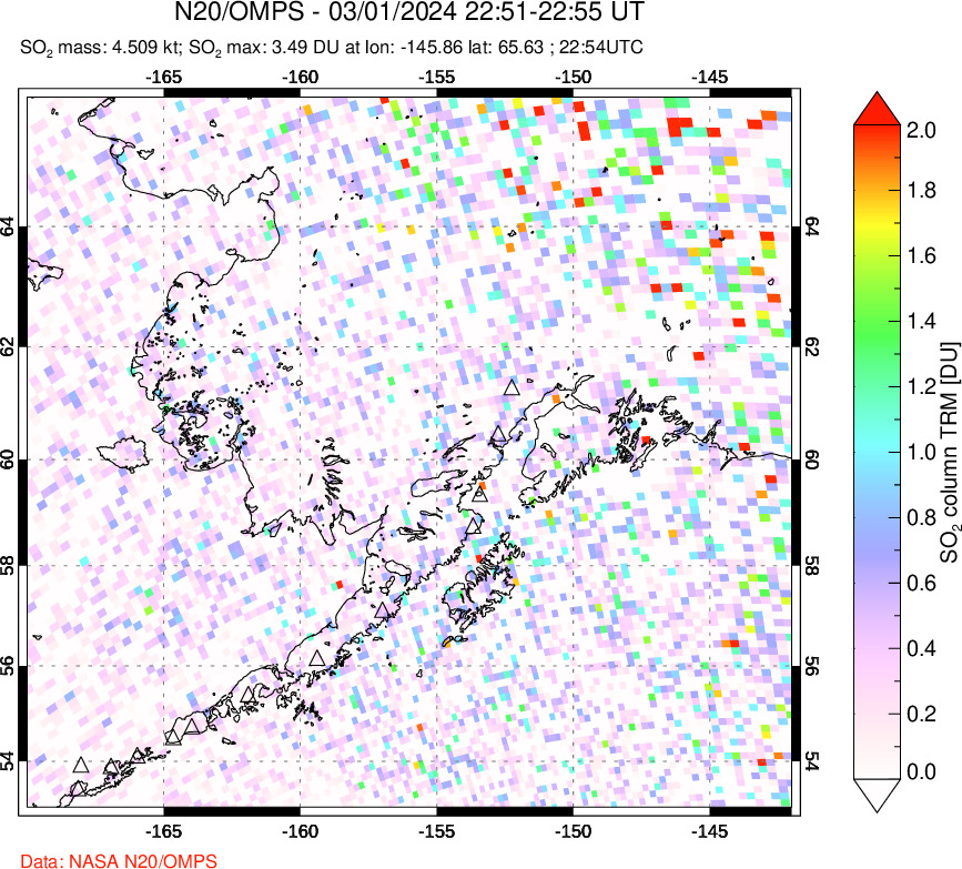 A sulfur dioxide image over Alaska, USA on Mar 01, 2024.