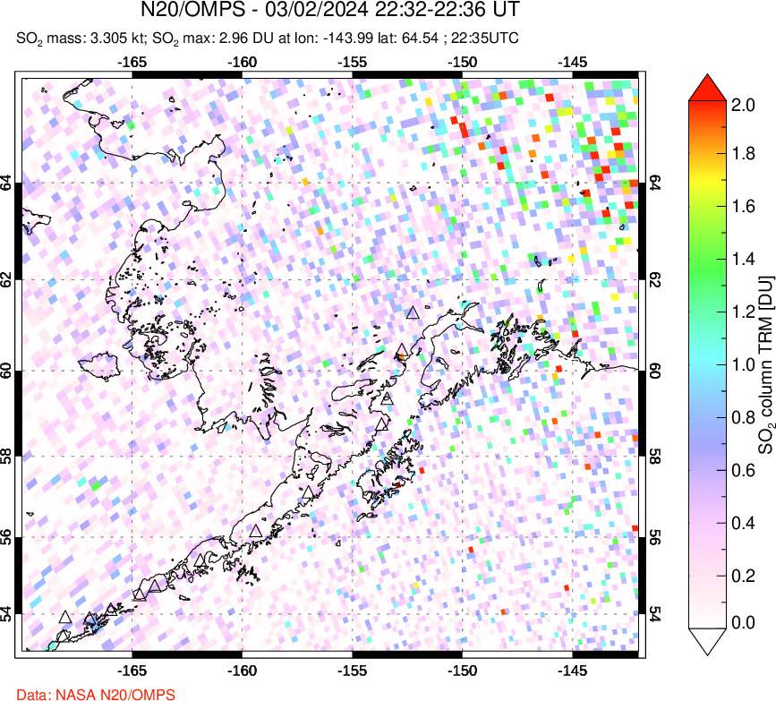 A sulfur dioxide image over Alaska, USA on Mar 02, 2024.