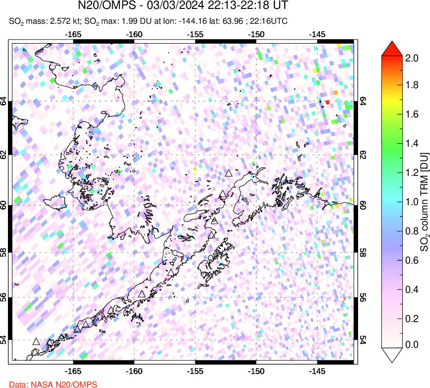 A sulfur dioxide image over Alaska, USA on Mar 03, 2024.