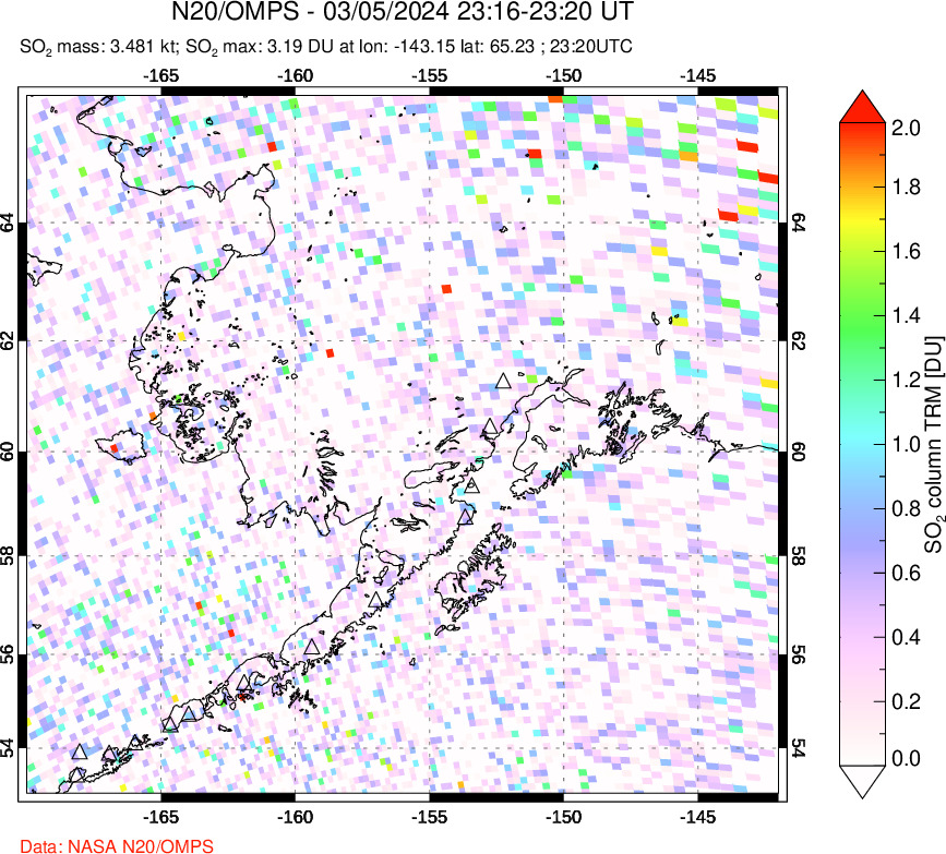 A sulfur dioxide image over Alaska, USA on Mar 05, 2024.