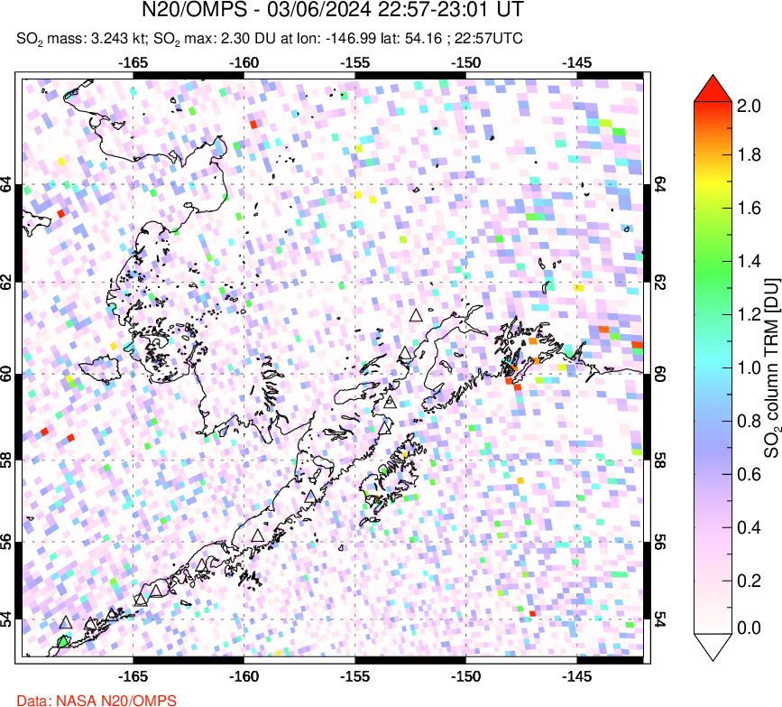 A sulfur dioxide image over Alaska, USA on Mar 06, 2024.